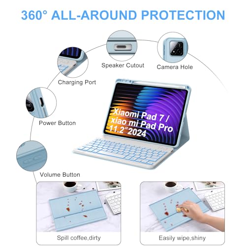 IVEOPPE Keyboard Case for Xiaomi Pad 8/8 Pro/Pad 7/7 Pro 11.2 Inch Backlit | 7 Color Backlit, Magnetic Detachable Wireless Bluetooth Keyboard, Pencil Holder, Stain Resistant Cover, Rechargeable - color: Sky Blue2