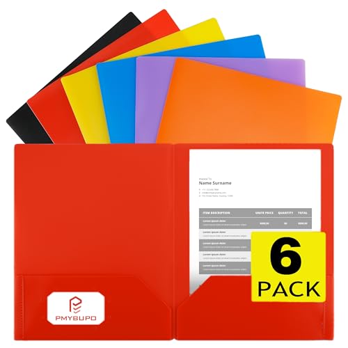 pmybupo 6 Pack Plastic Folders with Pockets,6 Rainbow Colors,2 Pocket,Durable Heavy Duty File Folders with Business Card Holder,Letter Size Paper for Office High School - color: Mix Colored