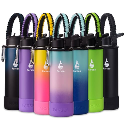 Farsea Insulated Water Bottle With Paracord Handle, Protective Boot and 2 Lids (Straw Lid & Spout Lid), Stainless Steel Water Bottle Wide Mouth, Double Wall Sweat-Proof BPA-Free, 24 oz - color: Hydrangea, size: 24 Ounces