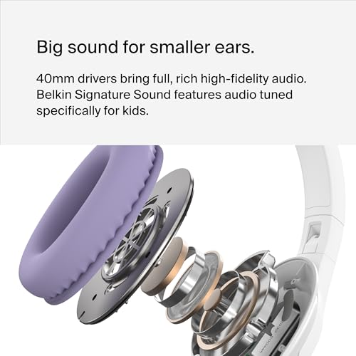 Belkin SoundForm Inspire Wireless Over-Ear Headset for Kids, Online Learning & Travel w/Built-in Microphone, 85dB Safe Volume Limit, 35H Battery - Compatible w/iPhone, iPad, Galaxy & More - Lavender - color: Lavender, style: Wireless