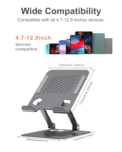 JUANWE Swivel iPad Stand for Desk, Aluminum Tablet Stand for Desk with 360 Rotating Base, Adjustable & Foldable iPad Holder, Compatible with Tablets, Switch, Kindle, Phone
