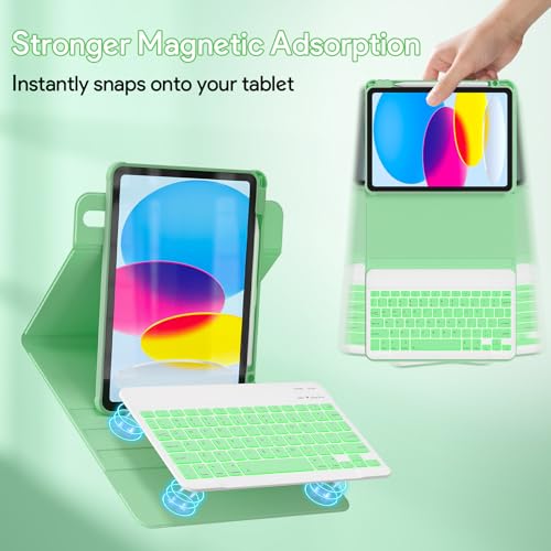YBING Keyboard Case for iPad 10th Gen 10.9 inch(2022) & 11th Gen(A16, 2025), 7-Color Backlit Detachable Keypad & Rotatable Magnetic Case with Pencil Holder (Green) - color: Green
