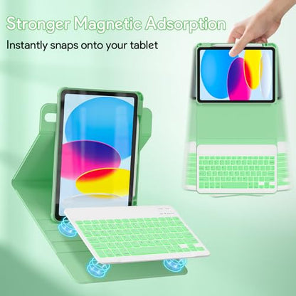 YBING Keyboard Case for iPad 10th Gen 10.9 inch(2022) & 11th Gen(A16, 2025), 7-Color Backlit Detachable Keypad & Rotatable Magnetic Case with Pencil Holder (Green) - color: Green