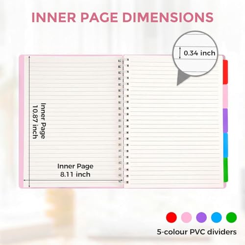Subject Notebook Wide Ruled, 8.5x11inch Hardcover 5 Subject Lined Spiral Notebook with Dividers Tabs for School Women Journal Note Taking Office Supplies, 220 Pages, Pink - color: Pink