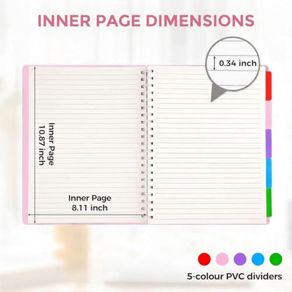 Subject Notebook Wide Ruled, 8.5x11inch Hardcover 5 Subject Lined Spiral Notebook with Dividers Tabs for School Women Journal Note Taking Office Supplies, 220 Pages, Pink - color: Pink