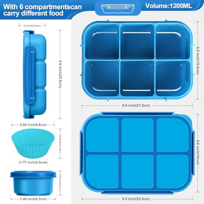 Amathley Lunch Box Kids Girls Boys,Bento Box Adult,Toddler Lunch Containers for School,Leakproof Snack Containers with 6 Compartments,Sauce Container,10 Food Picks and 4 Muffin Cups (Blue) - color: Blue