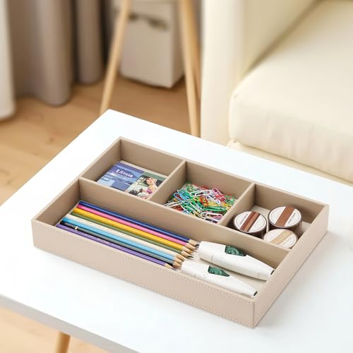 KINGFOM 4-Slot Leather Drawer Tray Desk Stationery Sundries Organizer Storage Box Pen Pencil Holder Case Container (Dark Beige) - color: Dark Beige