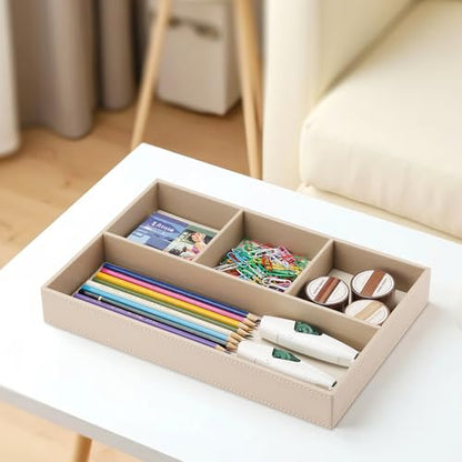 KINGFOM 4-Slot Leather Drawer Tray Desk Stationery Sundries Organizer Storage Box Pen Pencil Holder Case Container (Dark Beige) - color: Dark Beige