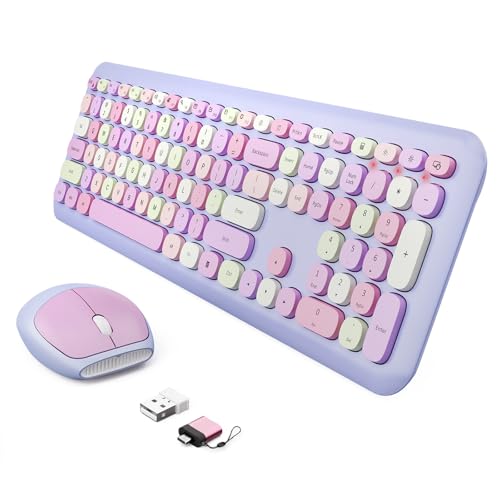 Wireless Keyboard and Mouse Combo, Colorful Ergonomic Full Size Retro Low-Noise Keyboard with Cute keycaps, Compatible with Windows, PC, Perfer for Home and Office Keyboards (Purple) - color: Cute Purple