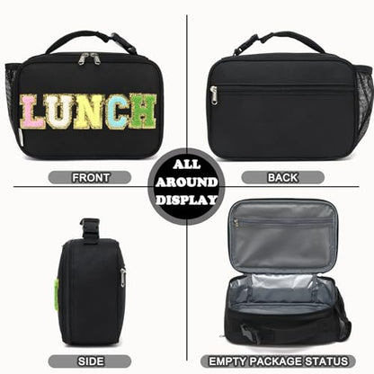 FlowFly Kids Lunch Bag, Durable Insulated School Lunch Box with Bottle Holder, Water-resistant Thermal Small Lunch Cooler Tote for Teen Boys & Girls,BlackWithLetter - color: BlackWithLetter