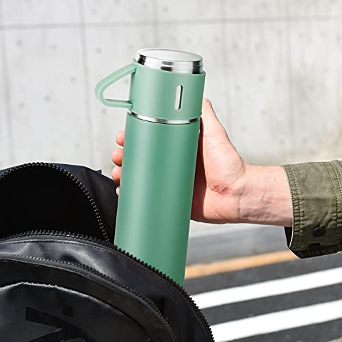Stainless Steel Thermo 500ml/16.9oz Vacuum Insulated Bottle with Cup for Coffee Hot drink and Cold drink water flask.(Green,Set) - color: Green (Set), size: 16.9 Ounces