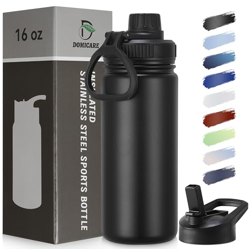 DOMICARE 16 oz Kids Water Bottle for School Stainless Steel Double Wall Vacuum Insulated Water Bottle with Straw lids & Spout Lid, Leakproof BPA Free （Black,1) - color: Black, size: 16 Ounces