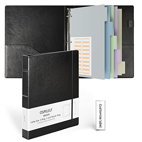 Ospelelf Vintage Hardcover 3 Ring 1 inch Leather Binder, Professional Binders Organizer Suitable for Letter Size Documents, Binder Dividers with Tabs, Faux Black Leather - color: Black, size: Letter Size - 1 Inch Ring