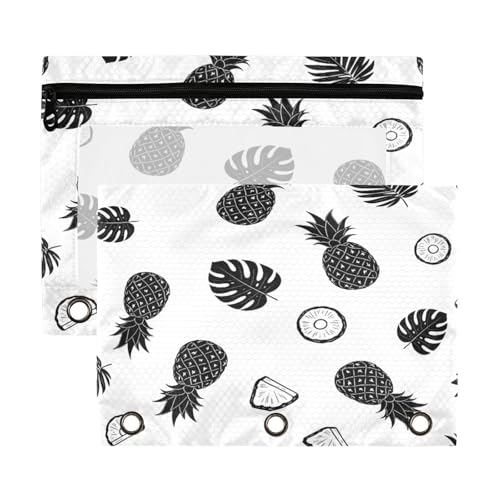 Blueangle Tropical Pineapple Leaf Pencil Pouch for 3 Ring Binder, 2 Pack Clear Window Zipper Pencil Bags for Office