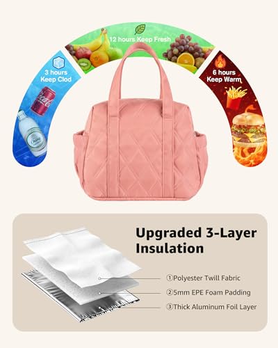 Quilted Puffer Lunch Bag for Women, Insulated Lunch Tote with Foil Lining, Leak-Resistant Reusable Lunch Cooler Bag, Roomy Soft Lunch Box for Work, School, Picnic and Travel (Dark Pink) - color: Dark Pink