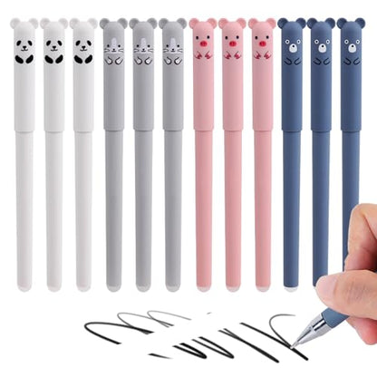 Cute Cartoon Animal Erasable Gel Pens, 12 Pack, 0.5mm Fine Point, Refillable Black Ink Rollerball Pens for Students & Adults, Ideal for Writing, Note Taking, School & Office Supplies - color: 12 Black Ink