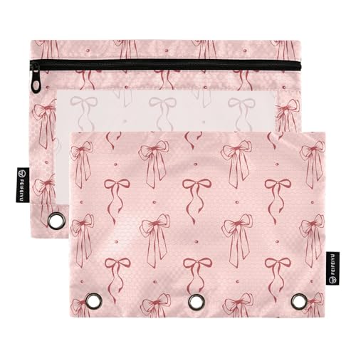 Bow Dots Red Pencil Pouch for 3 Ring Binder 2 Pcs Binder Pouches with Zipper Pocket Pencil Case Bag with Clear Window for Office Work School Supplies - color: Bow Dots Red