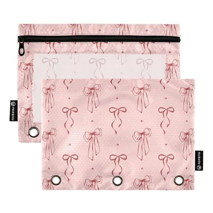 Bow Dots Red Pencil Pouch for 3 Ring Binder 2 Pcs Binder Pouches with Zipper Pocket Pencil Case Bag with Clear Window for Office Work School Supplies - color: Bow Dots Red
