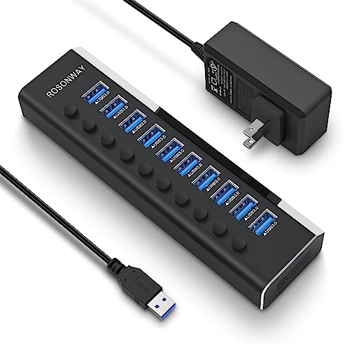 Powered USB Hub, Rosonway Aluminum 10 Port USB 3.0 Data Hub with 36W (12V/3A) Power Adapter and Individual On/Off Switches USB Splitter(RSH-A10) - size: 10-Port Powered USB Hub