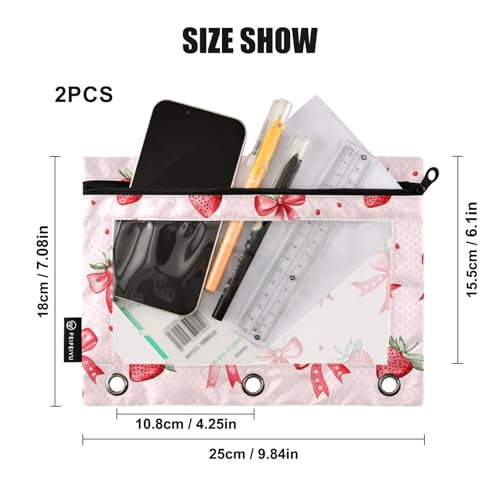 Binder Pencil Pouch for 3 Ring Binder Pencil Case Bags Strawberry Bows Cute with Zipper Girls Clear Window 2 Pack - color: Strawberry Bows Cute