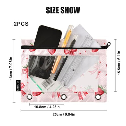 Binder Pencil Pouch for 3 Ring Binder Pencil Case Bags Strawberry Bows Cute with Zipper Girls Clear Window 2 Pack - color: Strawberry Bows Cute