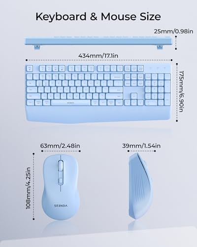 seenda Wireless Bluetooth Keyboard Mouse Combo, Ergonomic Keyboard with Wrist Rest, Silent Mouse, USB & Bluetooth Multi-Device, Full-Size Compatible for Windows PC Laptop Mac MacBook, Blue - color: Blue