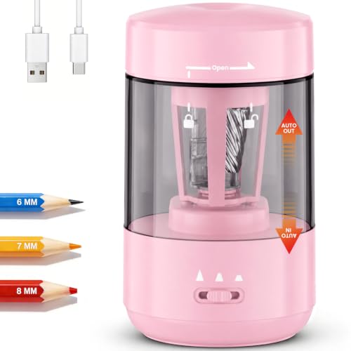 Electric Pencil Sharpener for Classroom, Fully Automatic Pencil Sharpener for 6-8mm Pencils & Colored Pencils, Auto in & Out Type-C Rechargeable Pencil Sharpeners for Home, School Light Pink - color: Lightpink