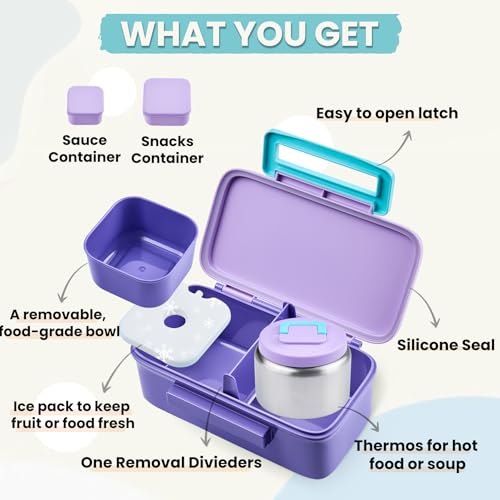 PIQUEBAR Kids Lunch Box with 8oz Thermo, Leakproof Bento Box with Insulated Bag, Kids Insulated Water Bottle, Food Lunch Container for Back to School Girls Boys, Purple - color: Purple