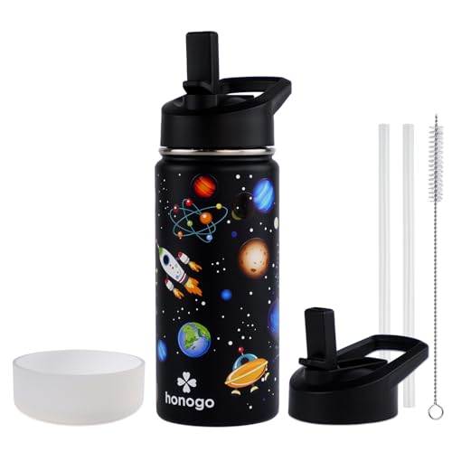 16 oz Stainless Steel Insulated Kids Water Bottle, Leak Proof Metal Thermal Flask with Straw lid, Cute Toddler Tumbler Cup for School Girls & Boys (Black, Space) - color: Black, Space
