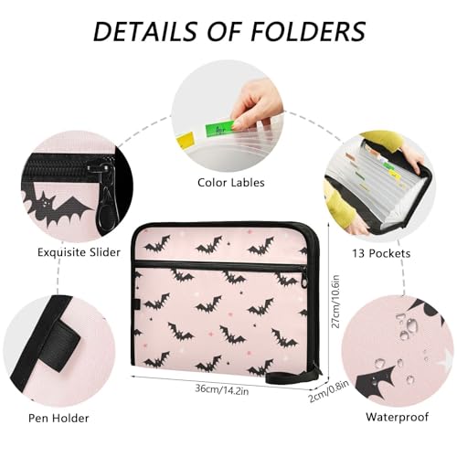 Black Bats Star File Folders,Plastic Folders with 13 Pockets,Expandable File Folder for Documents School Students Office,Aesthetic Folder with Labels A4 Letter Size - color: Multi 22