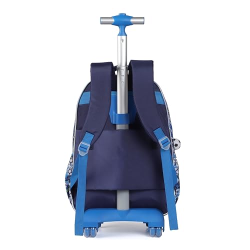 Cartoon Rolling Backpack for Boys Girls, Kids 5 Pcs Wheeled Backpack, Travel Backpack for Elementary Students (Football Blue) - color: Football Blue