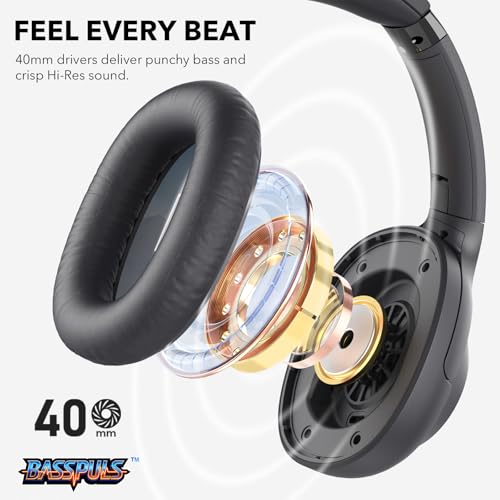 Bluetooth 6.0 Active Noise Cancelling Headphones for Airplane Travel, LDAC Hi-Res Audio, 90H Playtime Wired and Wireless ANC Headphones, Over Ear Headset for Home Office, Custom EQ via APP, Black - color: Black