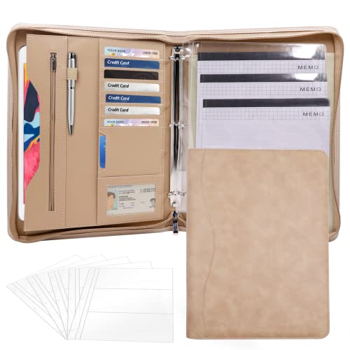 3-Ring Padfolio Portfolio Binder Organizer,PU Leather Folder Binder Business Planner Notebook Zippered Portfolio for Women/Men with Document Sleeve,Letter/A4 Size Clipboard - color: Khaki-3