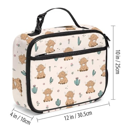 WOBAGMEN Highland Cow Lunch Box for Kids, Cute Insulated Lunch Bag for Boys Girls,Waterproof Lunch Box with Water Bottle Holder for Teens Adults Picnic Travel Back to School (Highland Cow Cactus) - color: Highland Cow Cactus