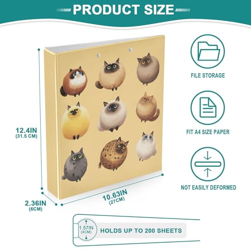 Fustylead Round Fluffy Chubby Cat Pattern Funny 3 Ring Binder, D-Rings 1.5" Hardcover Folder, Fits 200 Sheets of A4 Paper, Durable Clipboard & Clean View with Inside Pockets for School Home Office - size: 12.4x10.63x2.36 Inch-2 Pack