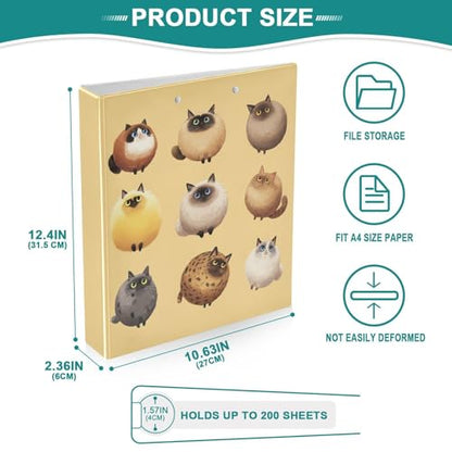 Fustylead Round Fluffy Chubby Cat Pattern Funny 3 Ring Binder, D-Rings 1.5" Hardcover Folder, Fits 200 Sheets of A4 Paper, Durable Clipboard & Clean View with Inside Pockets for School Home Office - size: 12.4x10.63x2.36 Inch-2 Pack