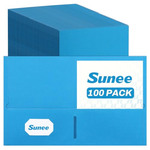 SUNEE Two Pocket Folders, 100 Pack File Folders with Business Card Slot, Textured Paper, Fit Letter Size Paper, Paper File Folder for School Office Home Business, Blue - color: Blue, style: 100-Pack