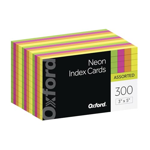 Oxford Neon Index Cards, 3" x 5", Ruled, Assorted Colors, 300 Per Pack (81300EE) | Neon pink orange yellow and green, ruled on one side blank on the back, 300 color-coded note cards, made in USA - size: 3 x 5 1-Pack