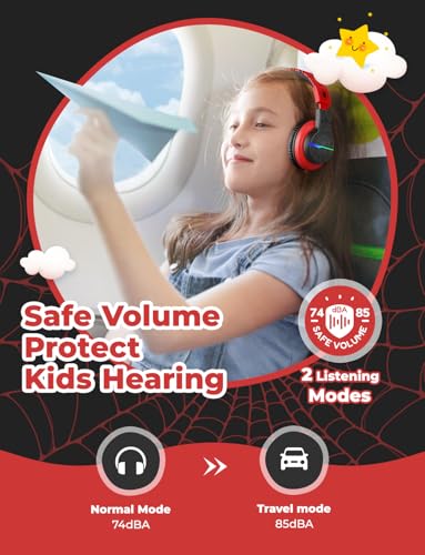 iClever BTH12 Kids Bluetooth Headphones,Colorful LED Lights,74/85dBA Safe Volume,85H Playtime,Fast Charging,Bluetooth 5.2,Over Ear Kids Headphones Wireles for iPad/Tablet/Airplane,Black/Red - color: Black/Red