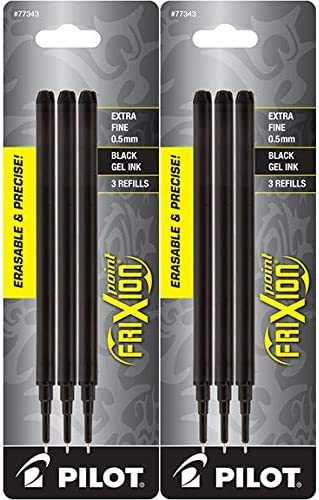 PILOT Frixion Erasable Pens 0.5 Ball Clicker Gel Ink Retractable Pen - Extra Fine Point - White Barrel - Black Ink - Pack Of 3 Pens And 6 Refills