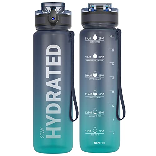 Sahara Sailor Water Bottle 32oz, Durable and Leakproof Water Bottles Motivational with Time Marker, Tritan, BPA Free, Wide Mouth with Easy Clean Brush for Gym, Travel, Home, School, Office (1 Bottle) - color: Deep Sea, size: 33.8 Ounces