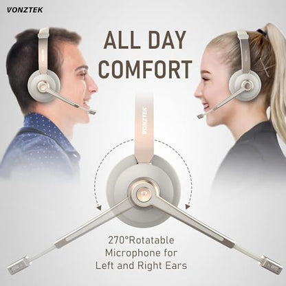 Wireless Headset, Bluetooth Headphones with Microphone Noise Canceling & Mute, 5.0 Trucker Bluetooth Headset with Mic/USB Dongle for Cell Phone Computer Work Office Teams Meeting Call Center - color: Champagne Gold & White