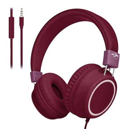Olyre Kids Wired Foldable Headphones, Children Headset, Mic, Boys, Girls | Maroon, On-Ear headphones for teens ; Volume limited; Stereo; Tangle-Free cord; 3.5mm Jack for school tablets plane travel - color: Maroon