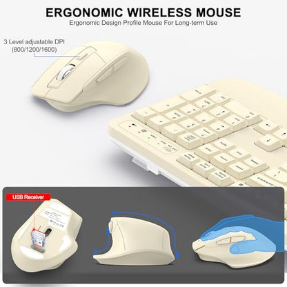 Wireless Keyboard and Mouse Combo, 2.4G Ergonomic Wave Keys (Latte) | Full Size Wave Keyboard with Wrist Rest, 3-Level DPI Adjustable Ergonomic Mouse for Windows and Mac OS Desktop/Laptop/PC - color: Latte