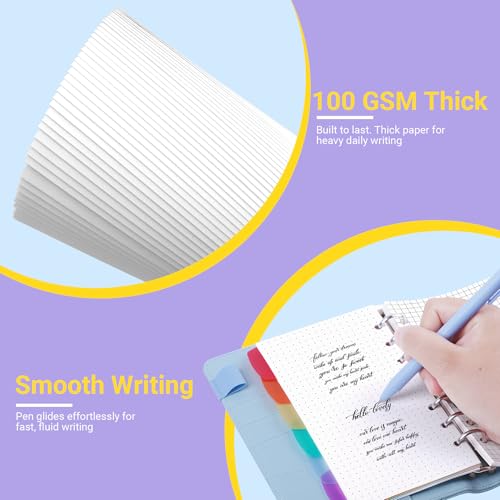 Antner A6 Planner Inserts 6-Hole Lined/Dotted/Grid Refill Paper for A6 6-Ring Refillable Notebook Binder, 135 Sheets Loose Leaf Filler Paper with 12 PCS Binder Dividers for Notes Journal Sketch Chart - color: Lined/Dotted/Grid Square Paper