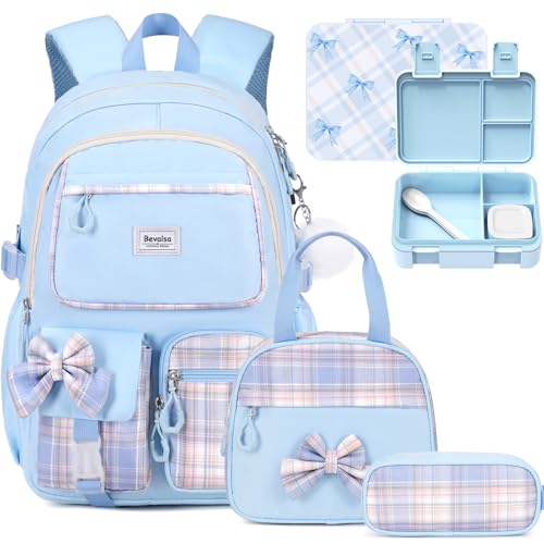 Bevalsa Backpack for Girls, Bow Plaid Bookpack with Bento Lunch Box, Insulated Bag & Utensils, 34oz Lunch Containers School Bags Set for Children Teens Kids Elementary Middle school Student (Blue) - color: Blue Plaid