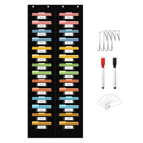 ANCOMEDO 28 Pocket Hanging Wall File Organizer with 28 Name tag Pockets, File Storage Pocket Chart for Classroom and Office Use. Keeps Assignments, Files, Scrapbooks, and Papers Neatly Organized. - size: 28 Pockets