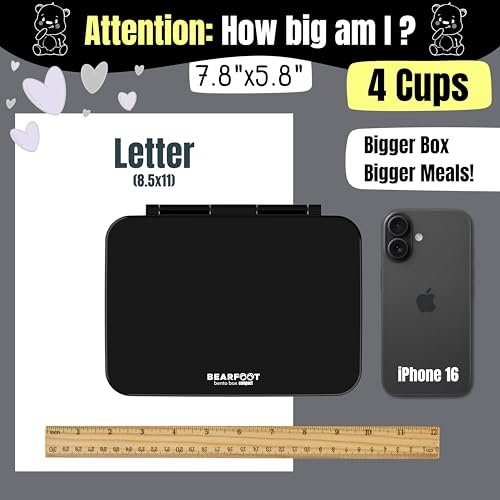 BEARFOOT Kids Lunch Box with Compartments – Compact & Lightweight | Leak-Proof, BPA-Free, Dishwasher Safe | Hand-Drawn Design for Preschool, School, Travel (Black, 4 Cups) - color: Black, size: 4 Cups