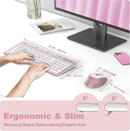 FENIFOX Wireless Keyboard and Mouse, Rechargeable USB C Combo Silent Quiet Compact Full Size Flat with Number Pad Soft Cover for Mac MacBook iMac Windows PC Laptop Computer Office - Pink & Rose Gold - color: Pink Rose Gold