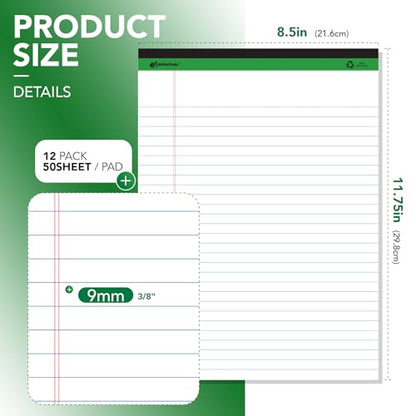 KAISA Legal Note pads 8.5 x 11，12pads 600 Sheets note pads Writing Pads Recycled Paper, Wide Ruled Perforated 50 sheets Premium Thick Paper Hard Back Notepads 8-1/2"x 11-3/4" Writing Tablet Canary For Office Supplies (Pack of 12pc) - color: White 12pad, s